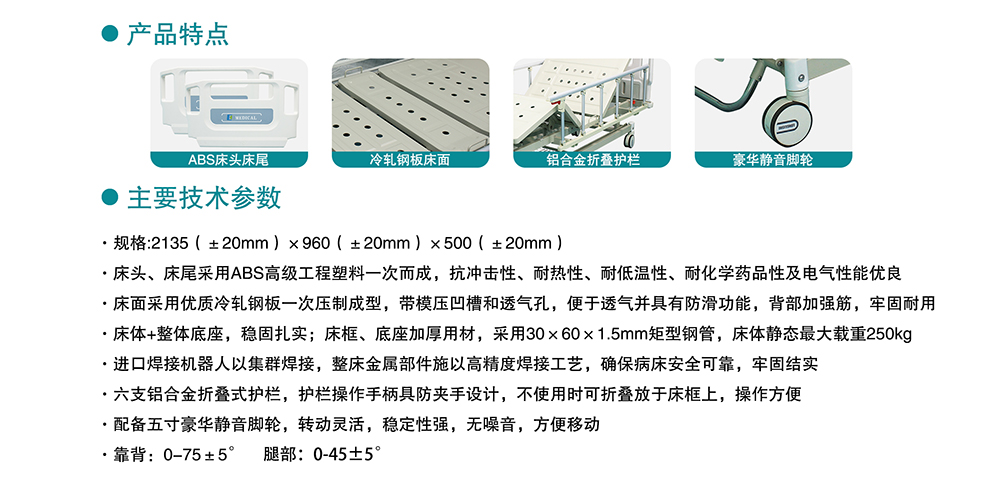 ABS挂式床头冲孔双摇护理床(中控刹车)